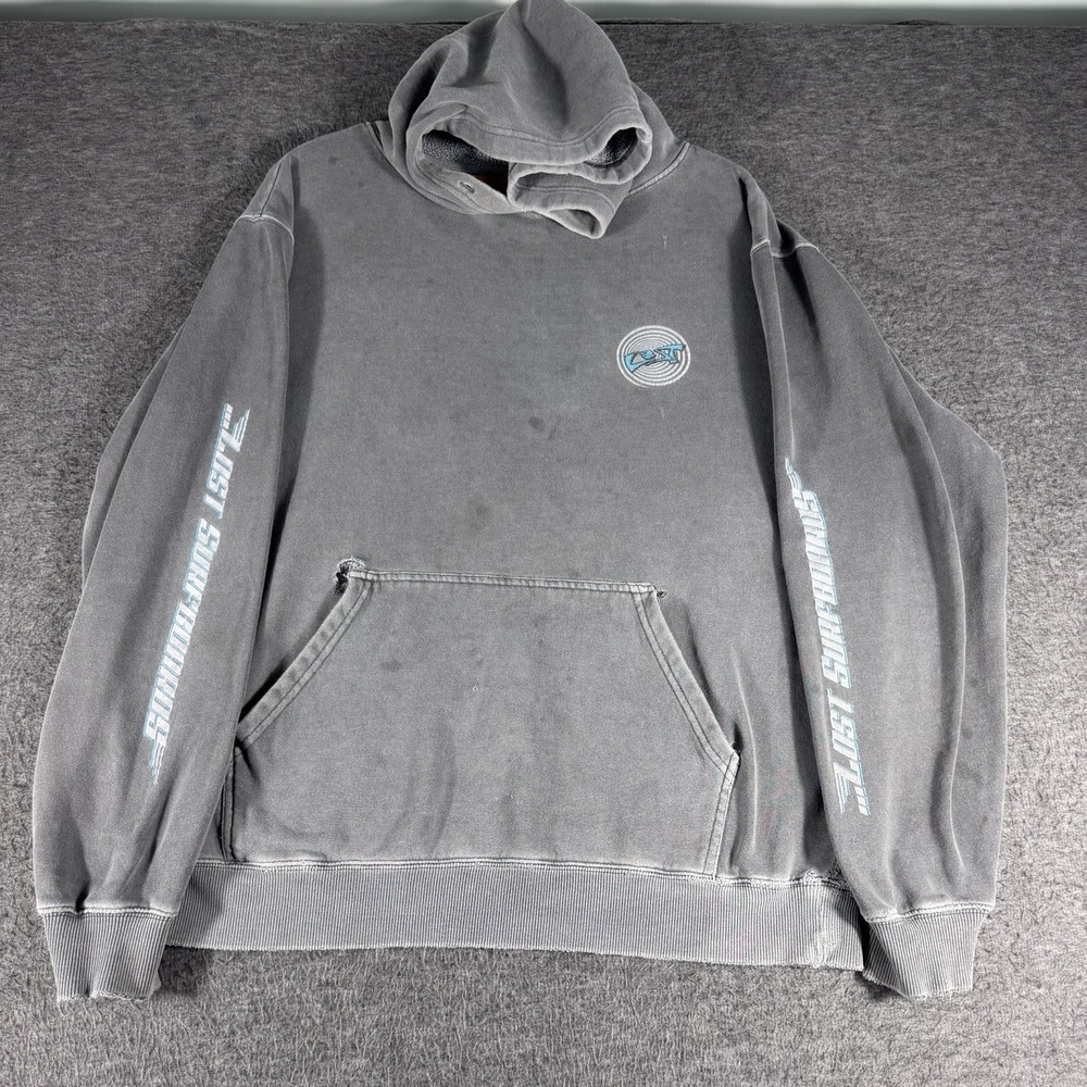 Vtg LOST SURFBOARDS Men's L Pullover Hoodie Spell Out Sleeves Grunge Distressed